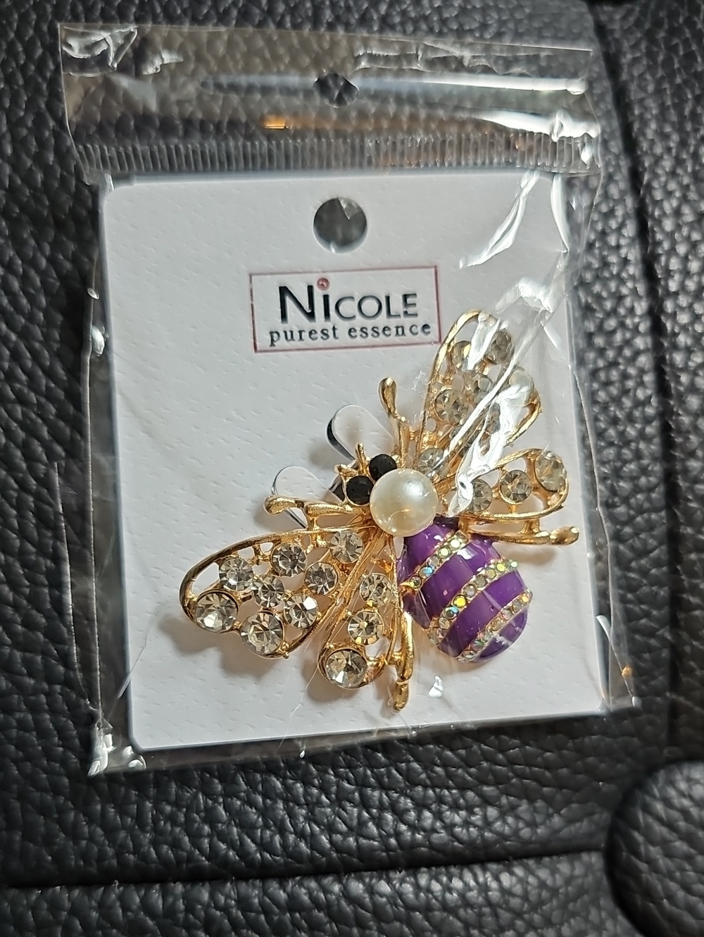 Nicole Gold Bee Brooch with Purple Enamel and Clear Crystals